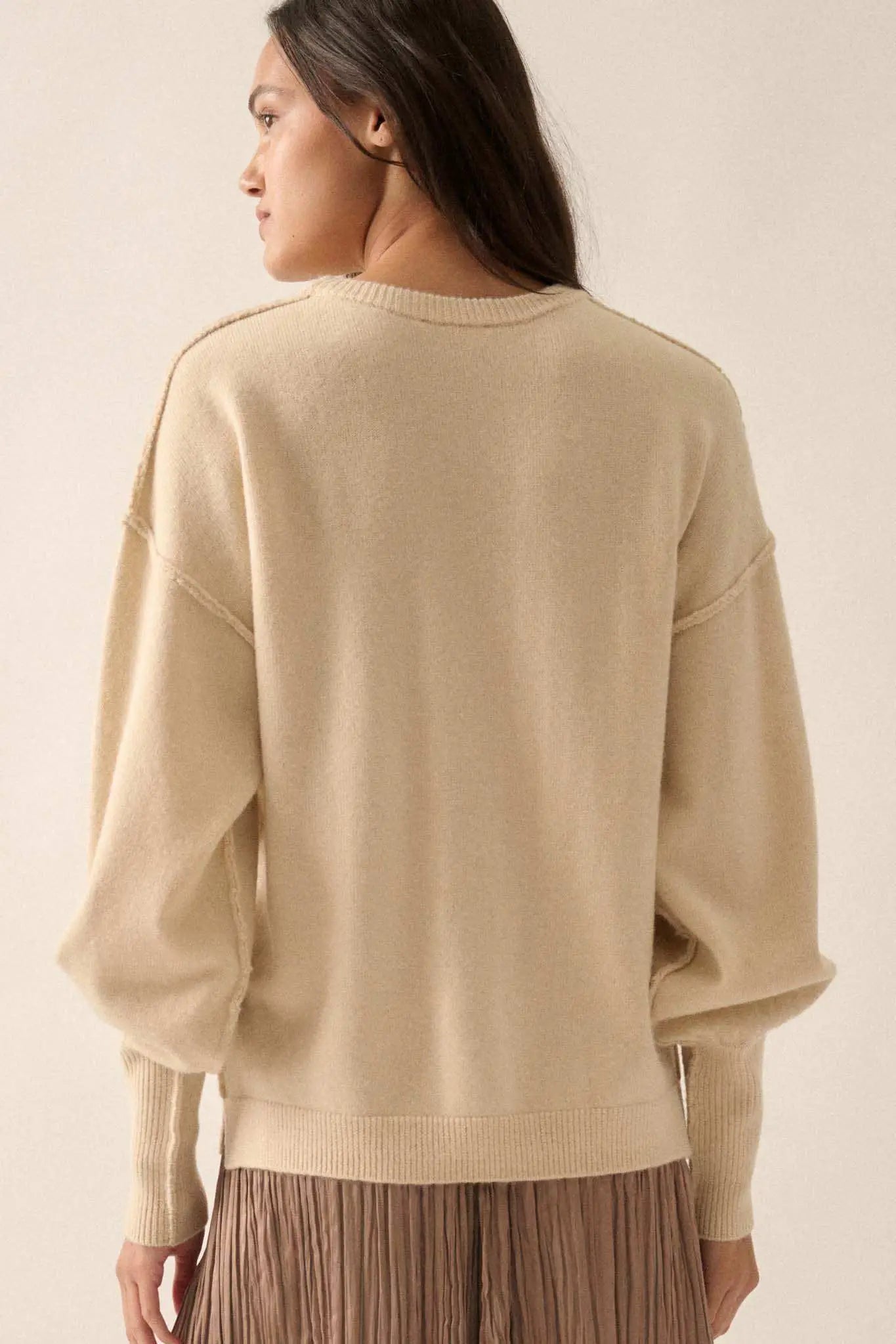 Old Soul Exposed-Seam Bishop-Sleeve Sweater