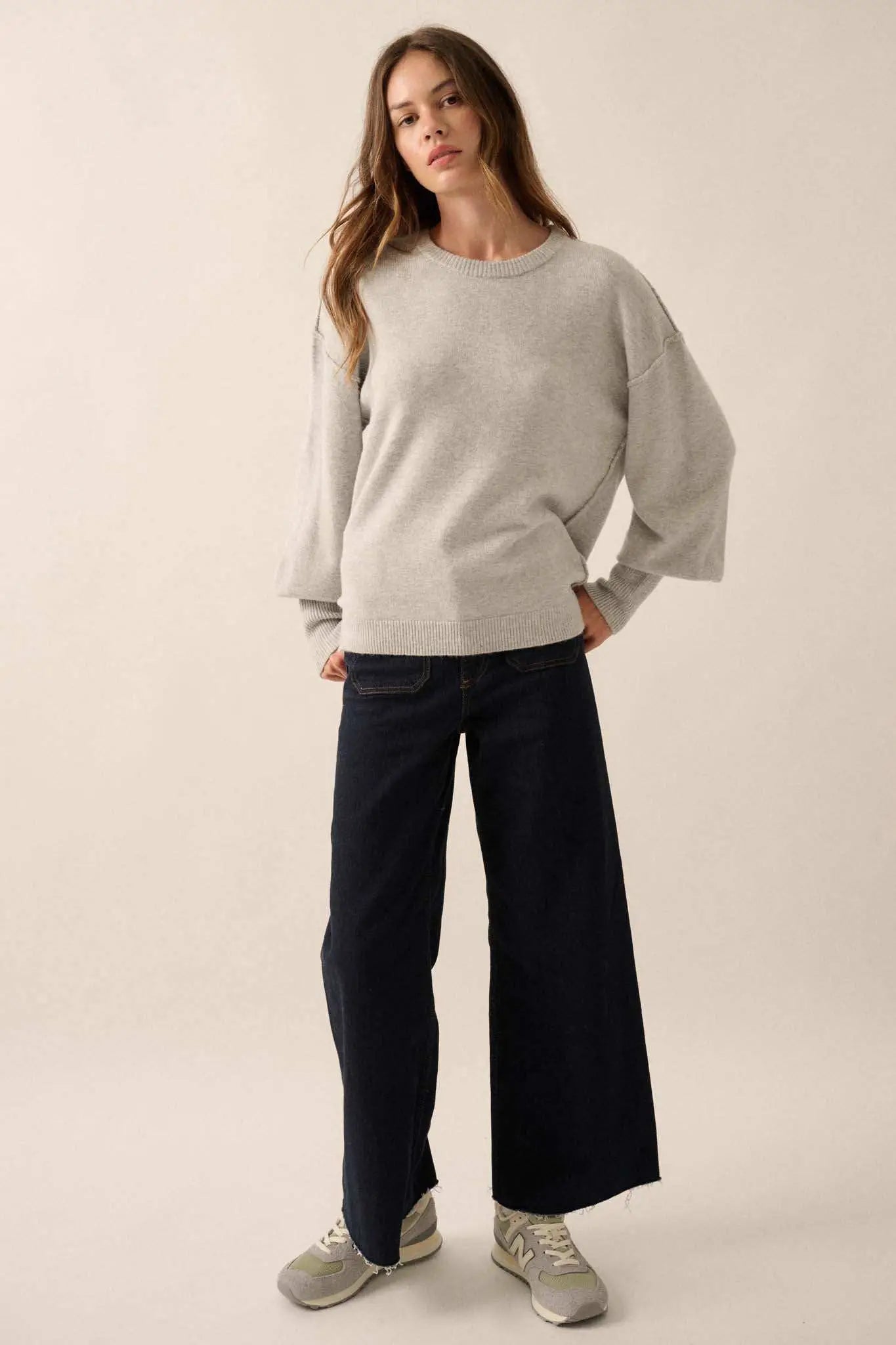 Old Soul Exposed-Seam Bishop-Sleeve Sweater