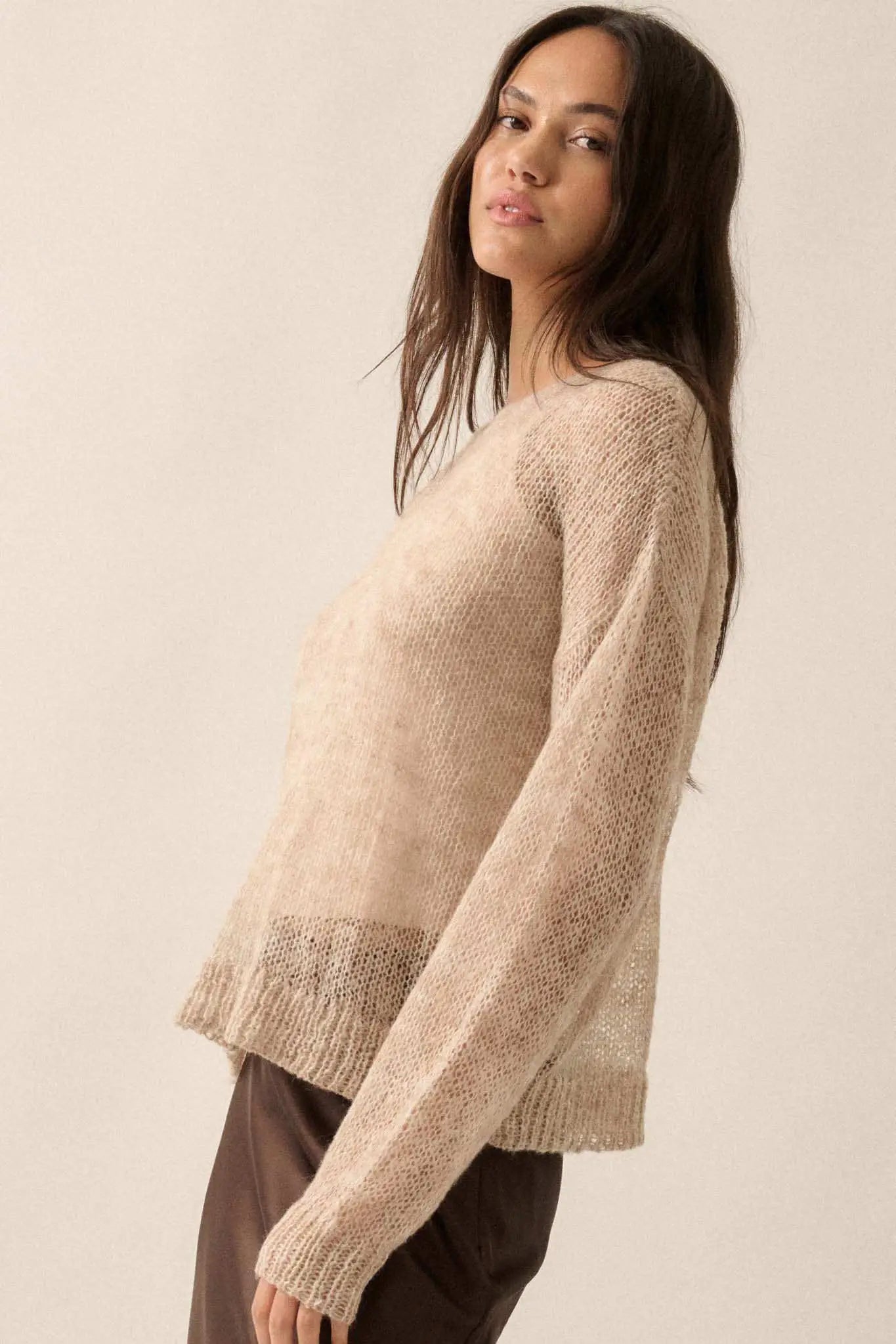 See It Through Layered Open-Knit Sheer Sweater