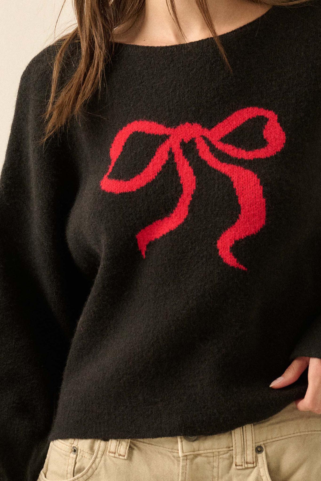 Let It Bow Exposed-Seam Bow Jacquard Knit Sweater