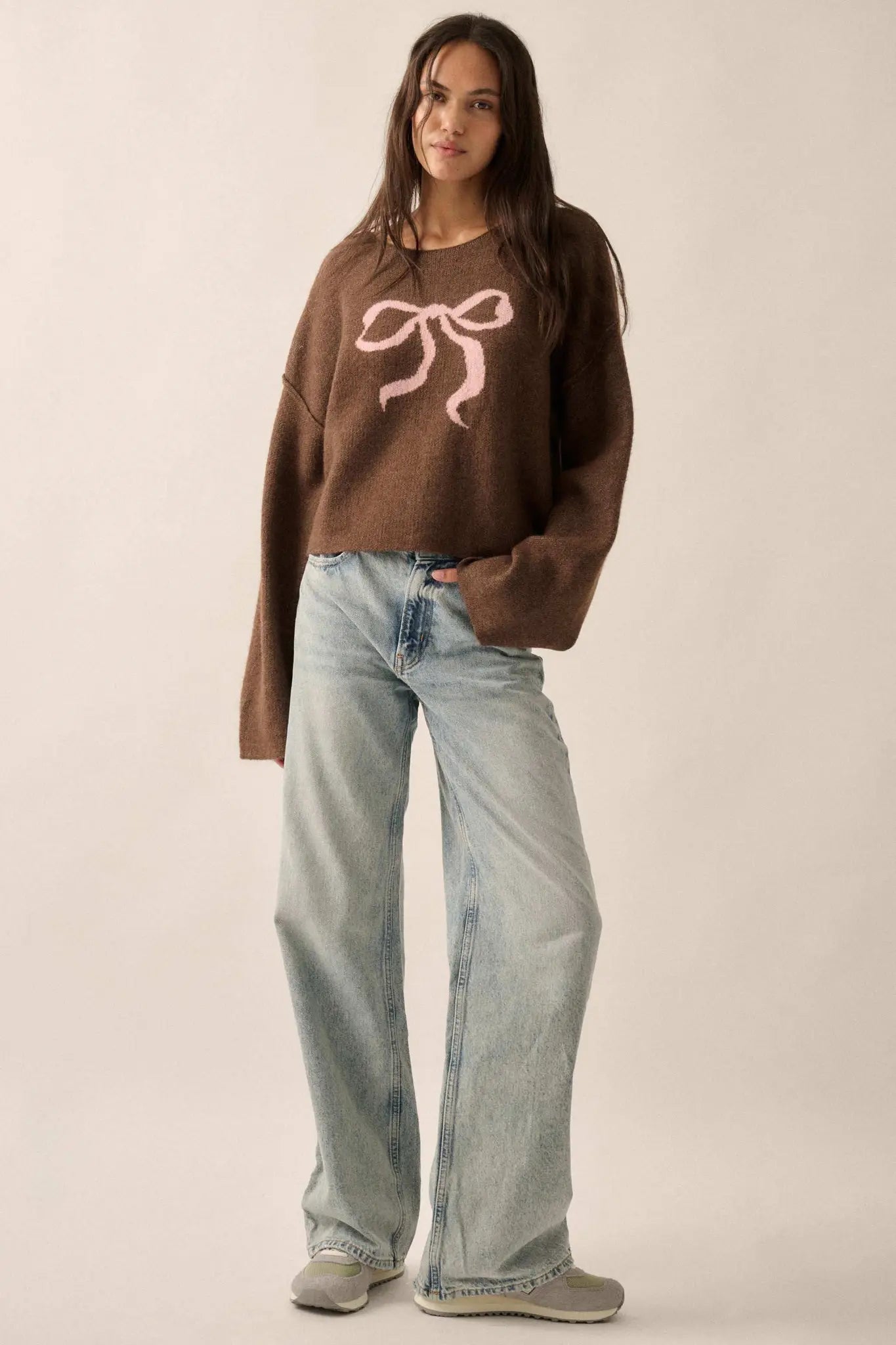 Let It Bow Exposed-Seam Bow Jacquard Knit Sweater