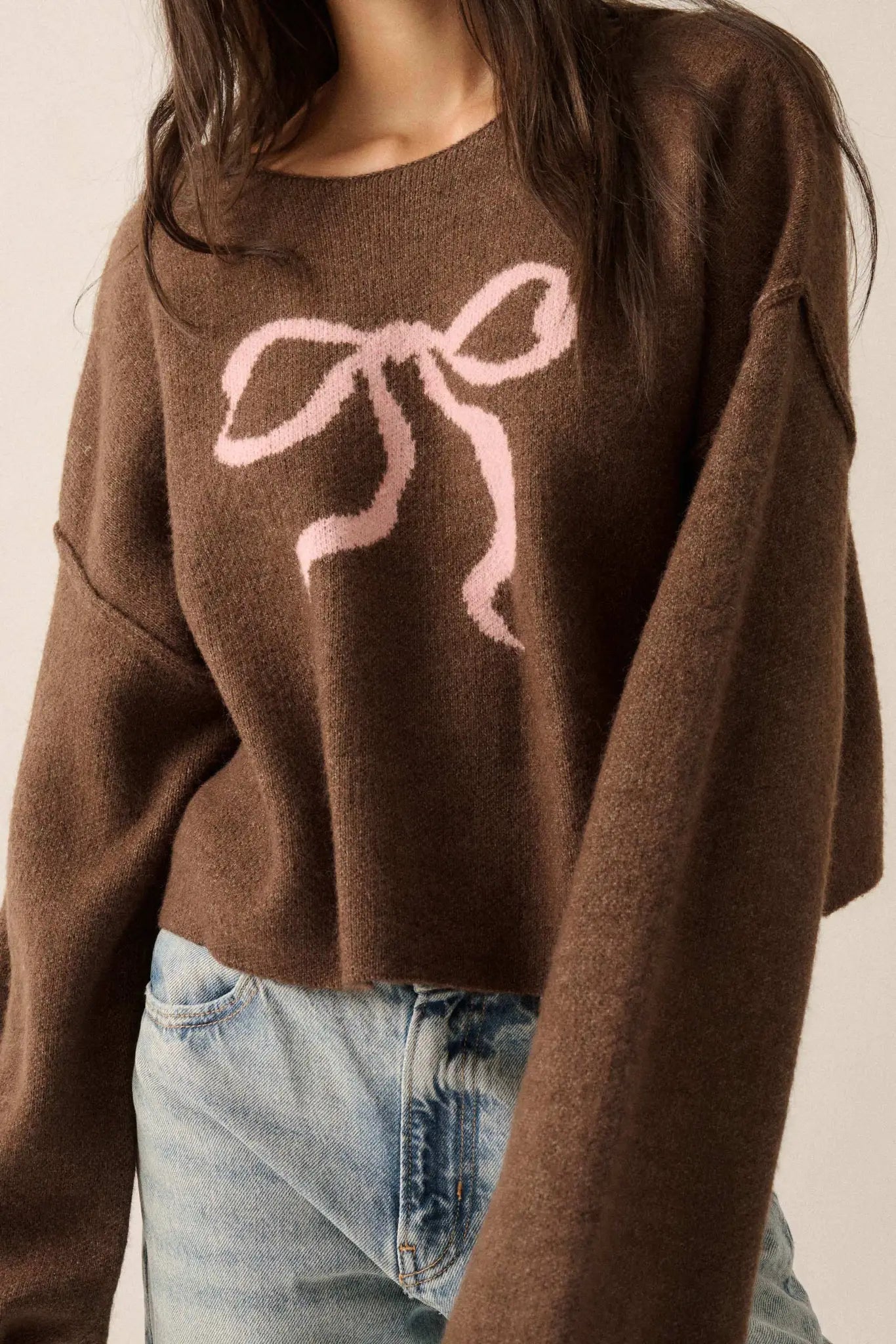 Let It Bow Exposed-Seam Bow Jacquard Knit Sweater