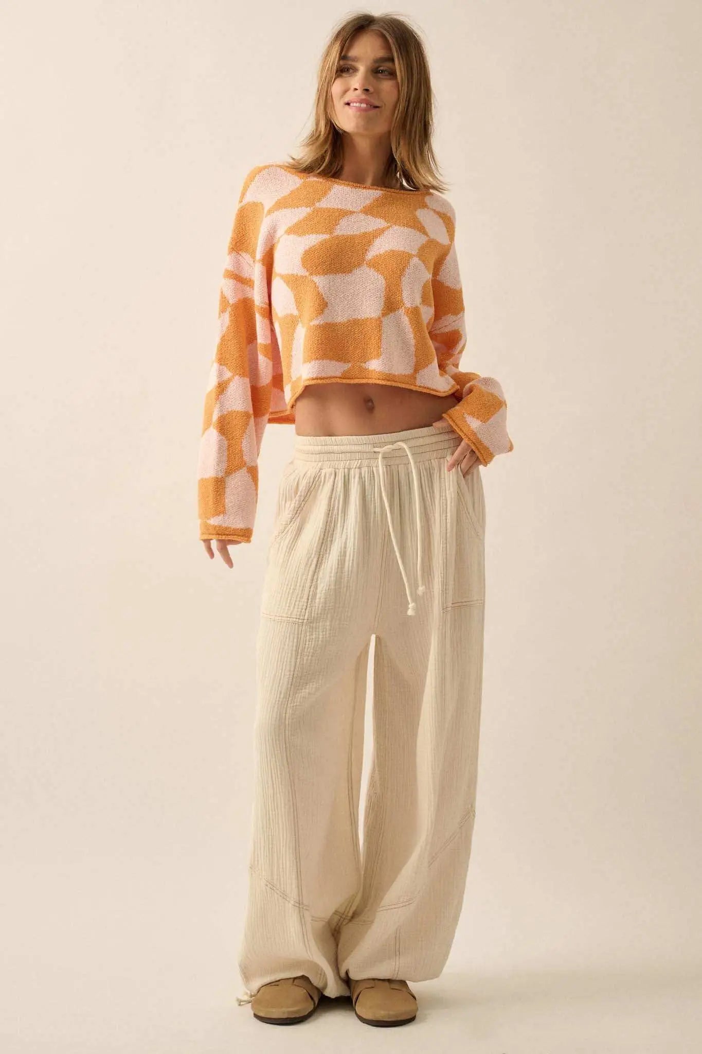 Nice Move Abstract Checkerboard Cropped Sweater