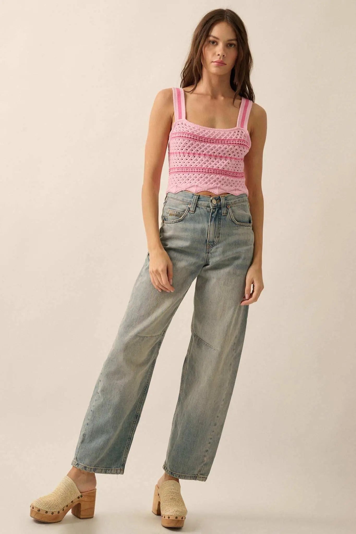 Cali Calling Striped Crochet Knit Cropped Tank Top
