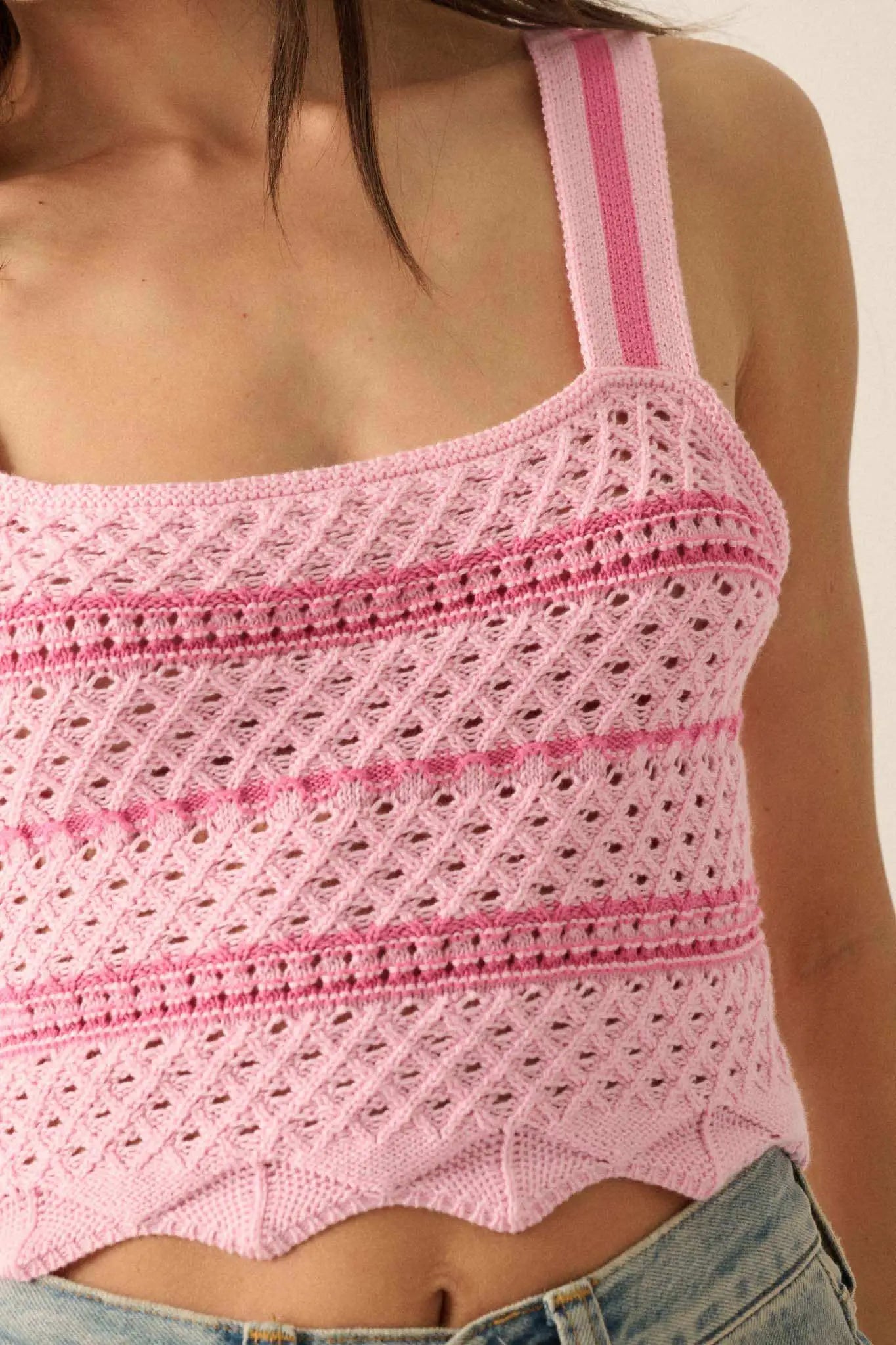 Cali Calling Striped Crochet Knit Cropped Tank Top