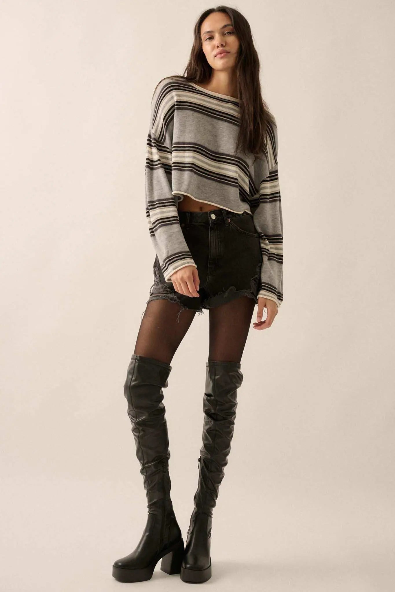 Level Best Striped Rolled-Edge Cropped Sweater