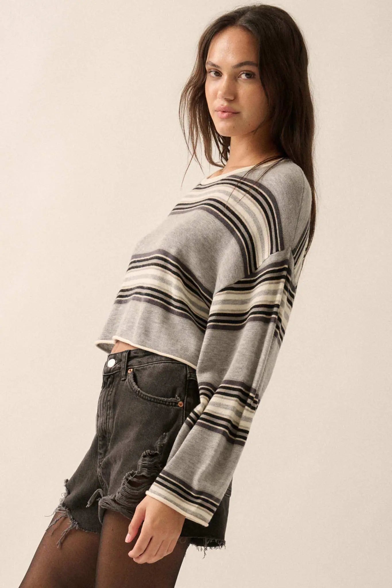 Level Best Striped Rolled-Edge Cropped Sweater