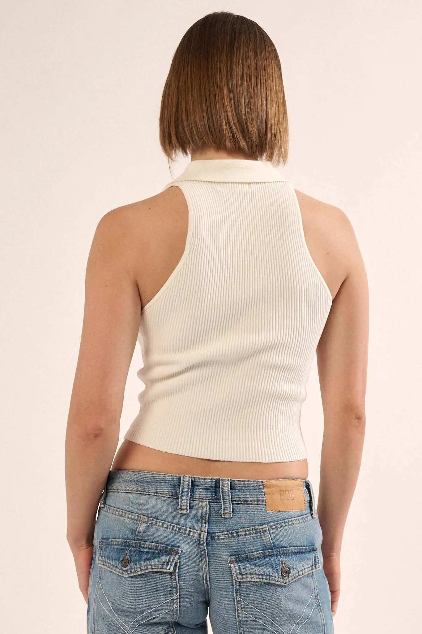 Shaper Fit Collared Rib-Knit Sleeveless Polo Top