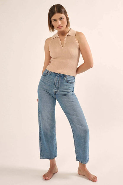 Shaper Fit Collared Rib-Knit Sleeveless Polo Top