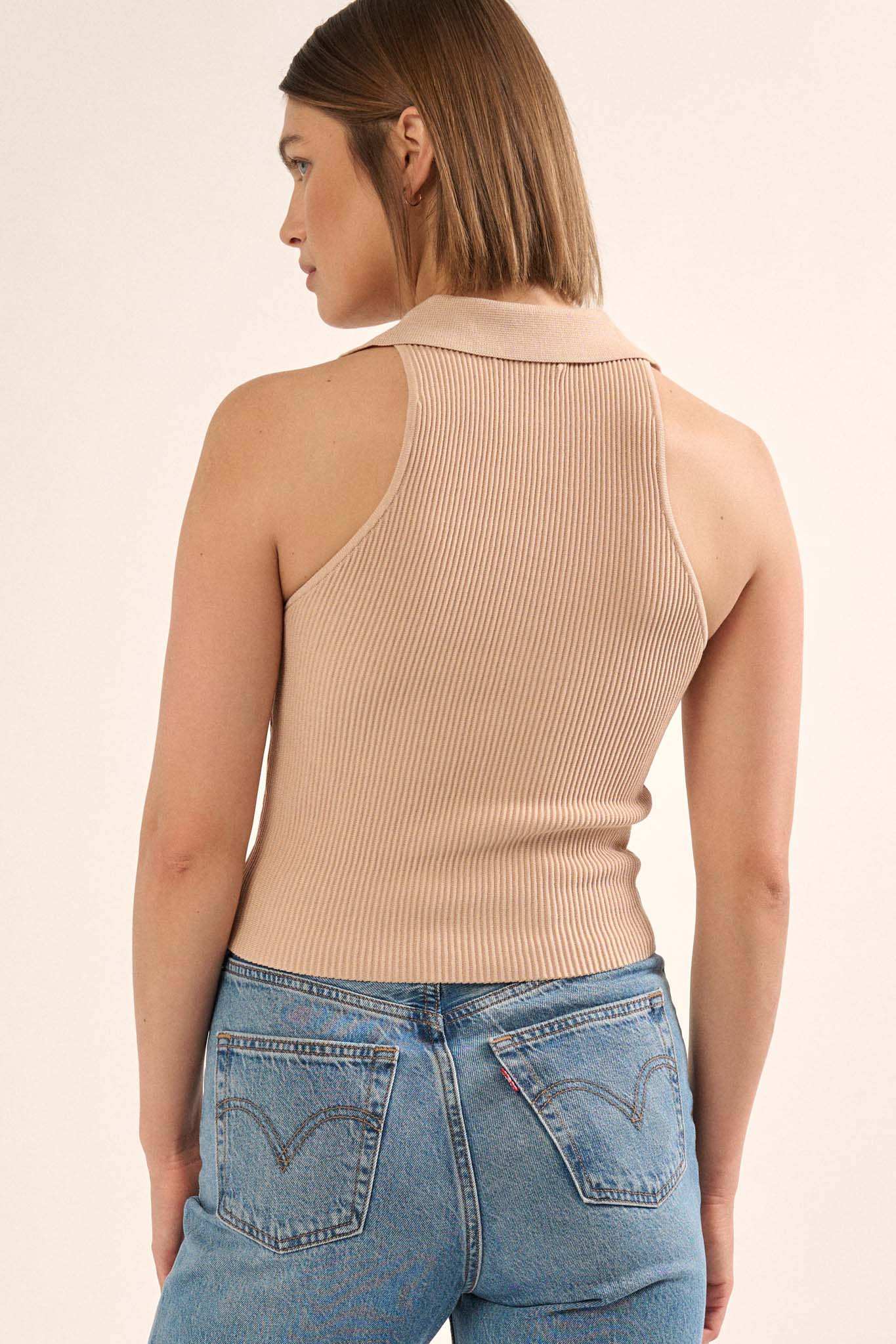 Shaper Fit Collared Rib-Knit Sleeveless Polo Top