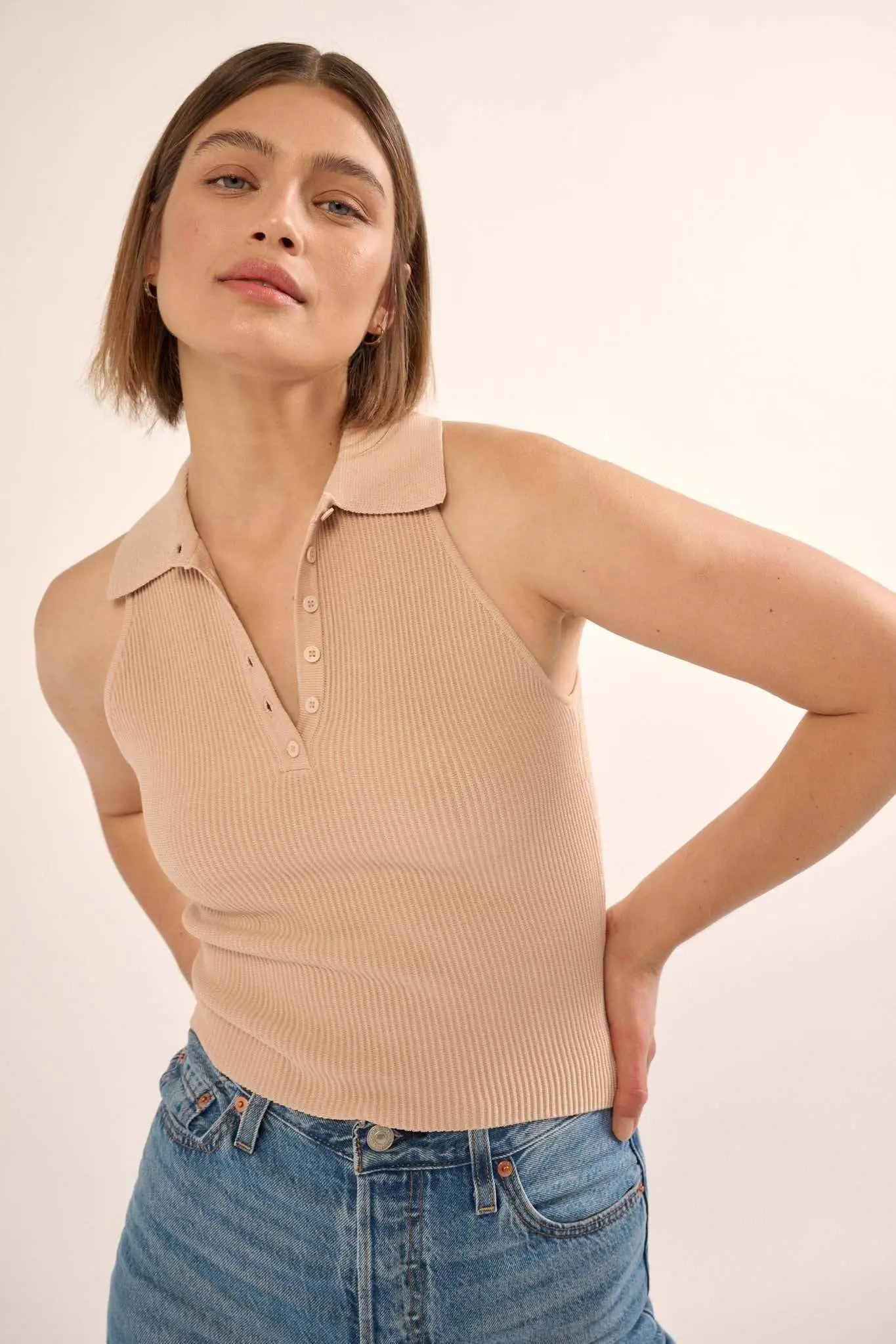 Shaper Fit Collared Rib-Knit Sleeveless Polo Top