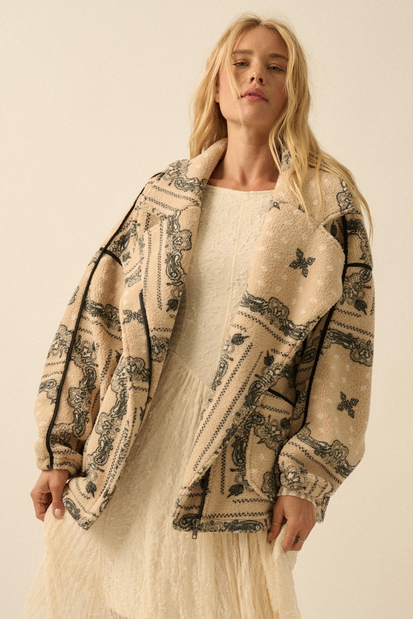Saddle Song Bandana-Print Fleece Lapel Jacket