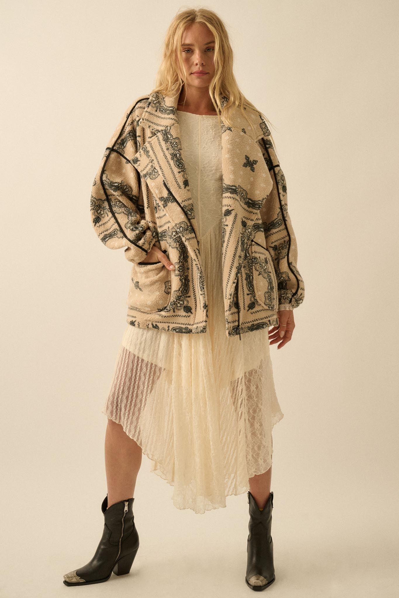 Saddle Song Bandana-Print Fleece Lapel Jacket