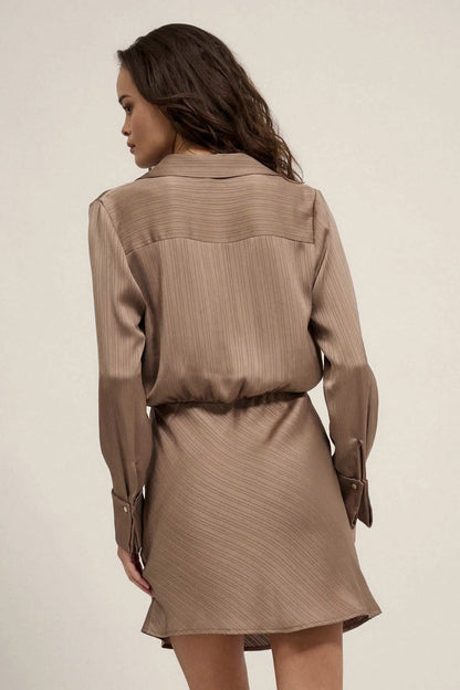Satin Nights Striped Satin Half-Button Shirt Dress