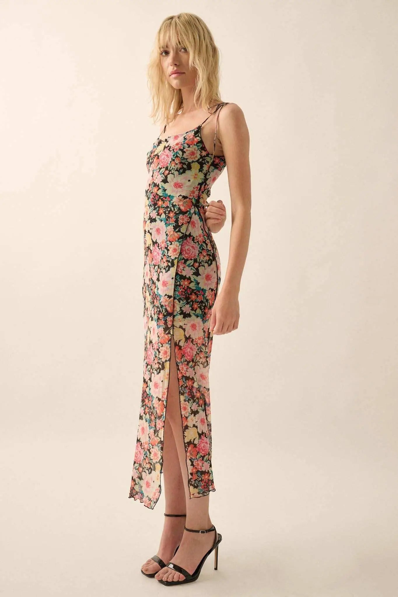 Garden Grown Floral-Print Mesh Midi Slip Dress