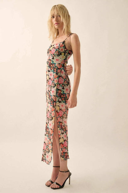 Garden Grown Floral-Print Mesh Midi Slip Dress