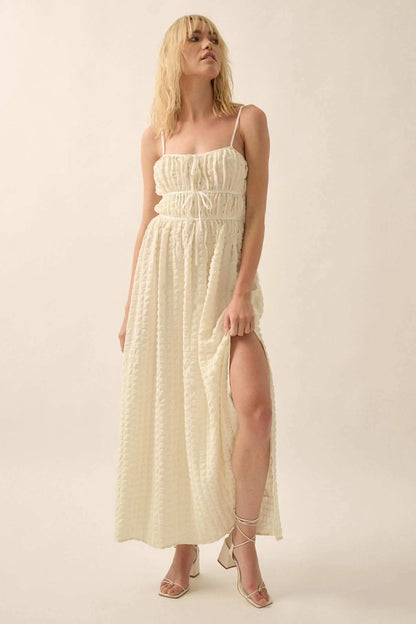 Puff Piece Textured Bubble Plaid Maxi Dress