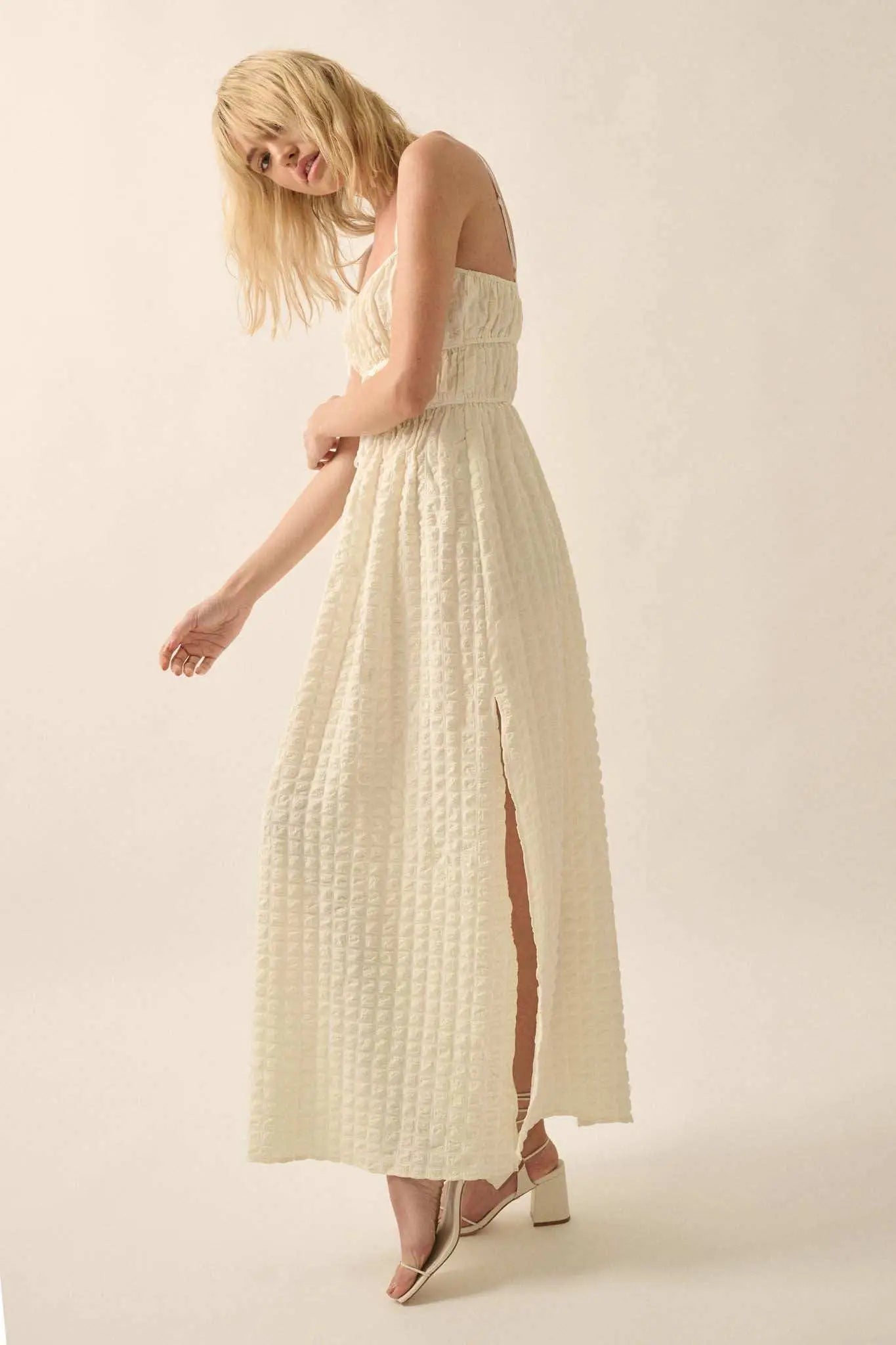 Puff Piece Textured Bubble Plaid Maxi Dress