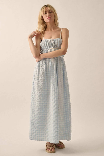 Puff Piece Textured Bubble Plaid Maxi Dress