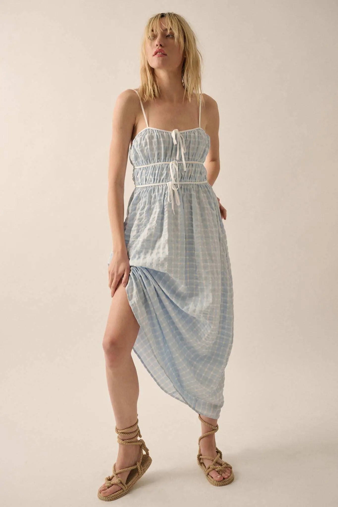 Puff Piece Textured Bubble Plaid Maxi Dress