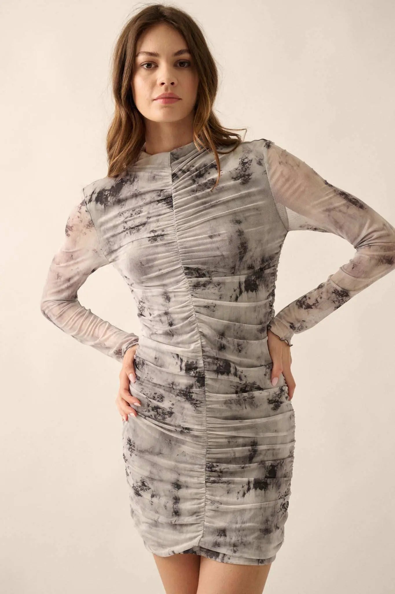 Smoke and Mirrors Ruched Tie-Dye Mesh Mini Dress