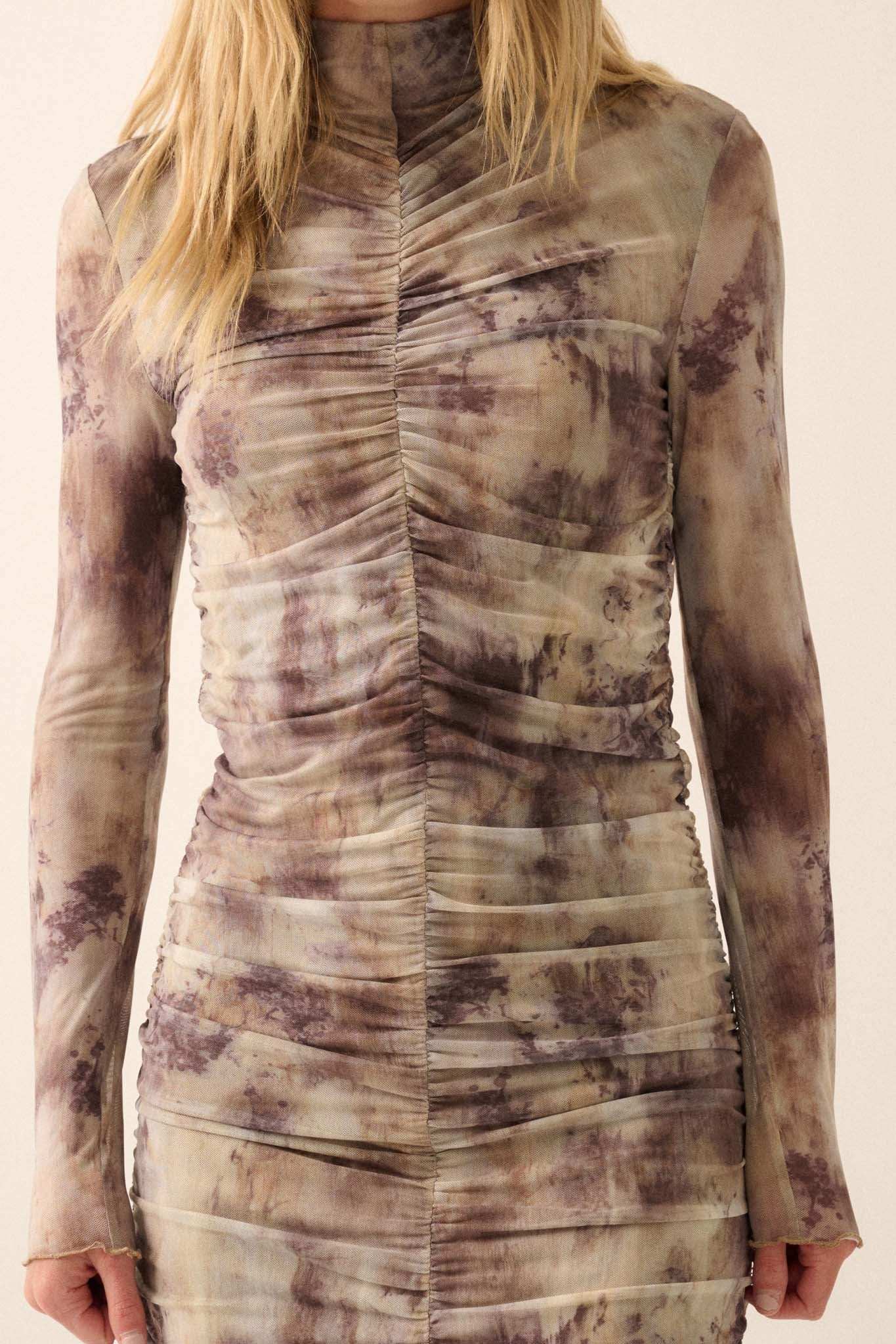 Smoke and Mirrors Ruched Tie-Dye Mesh Mini Dress