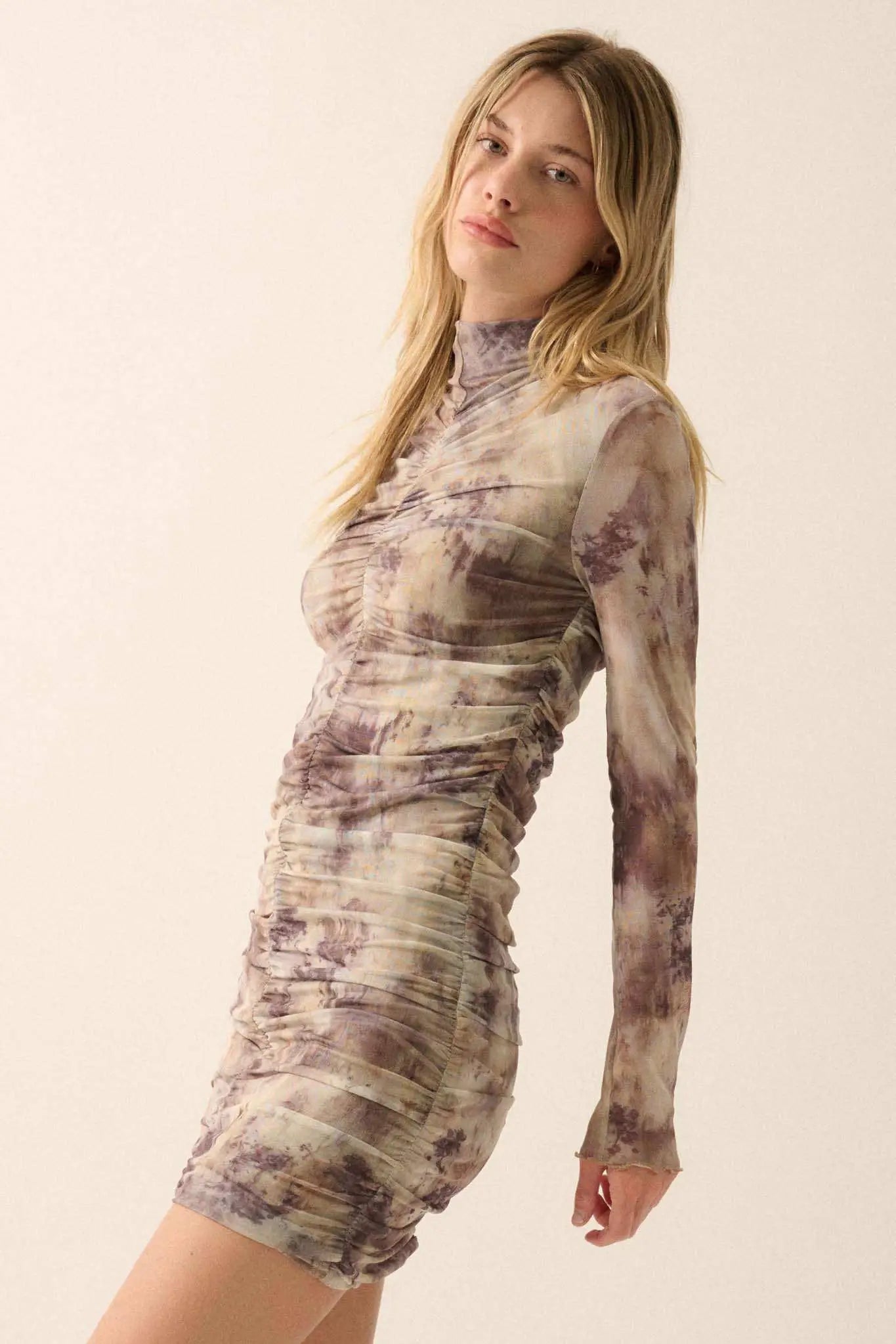 Smoke and Mirrors Ruched Tie-Dye Mesh Mini Dress
