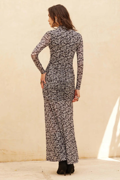 Petal Passion Floral Mesh Ruched Maxi Dress