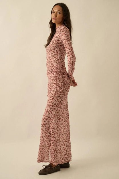 Petal Passion Floral Mesh Ruched Maxi Dress