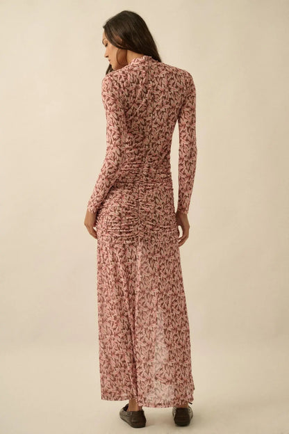 Petal Passion Floral Mesh Ruched Maxi Dress