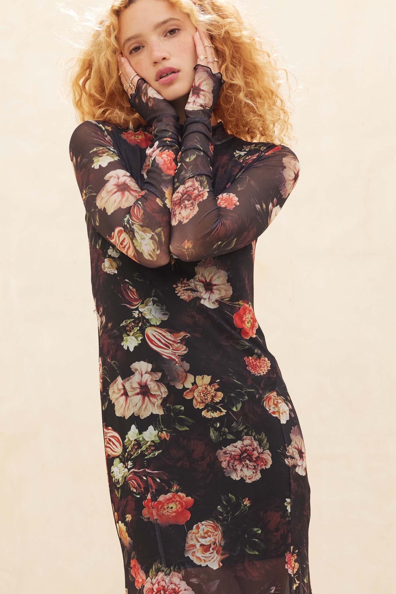 Heritage Blossoms Floral Mesh Mock-Neck Maxi Dress