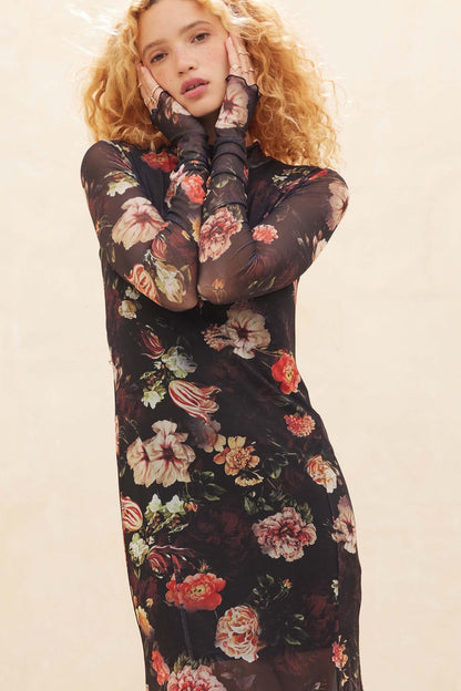 Heritage Blossoms Floral Mesh Mock-Neck Maxi Dress