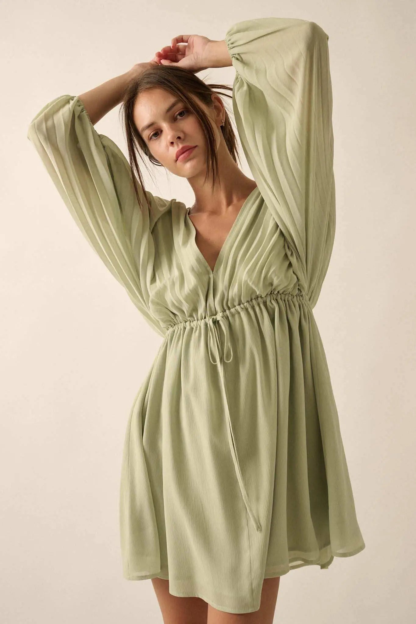 Ripple Effect Accordion Pleated Kimono Mini Dress