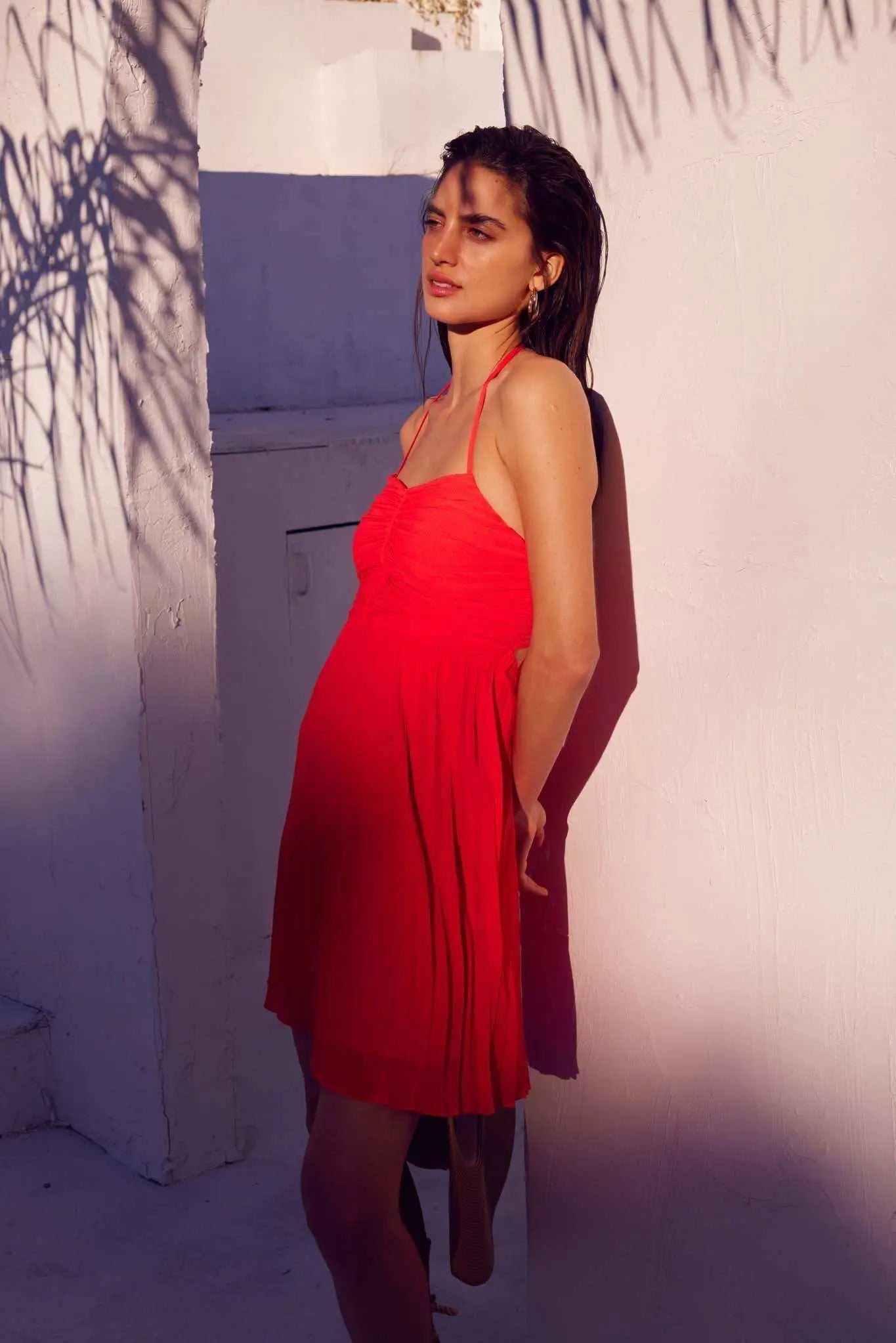 Mucho Mambo Accordion Pleated Halter Mini Dress