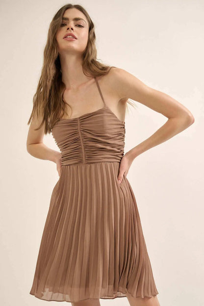 Mucho Mambo Accordion Pleated Halter Mini Dress