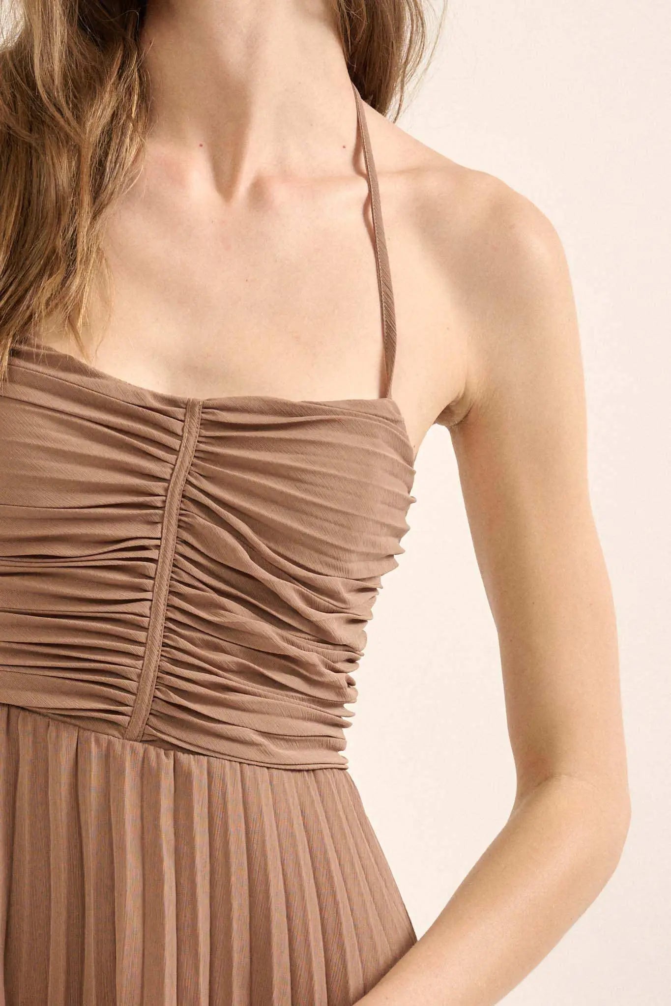 Mucho Mambo Accordion Pleated Halter Mini Dress