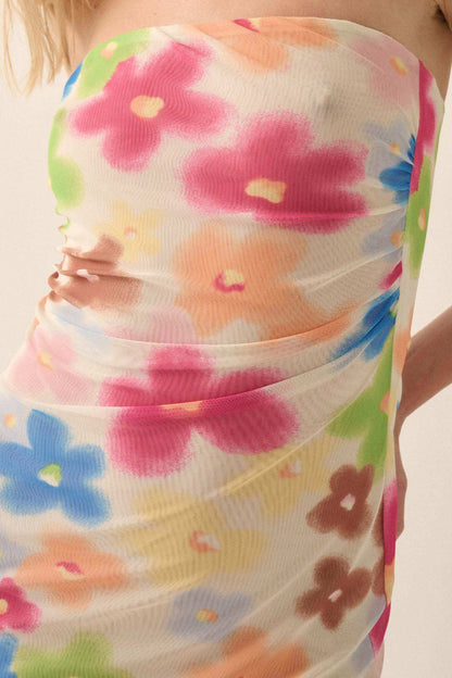 Flower Power Floral Mesh Strapless Midi Dress