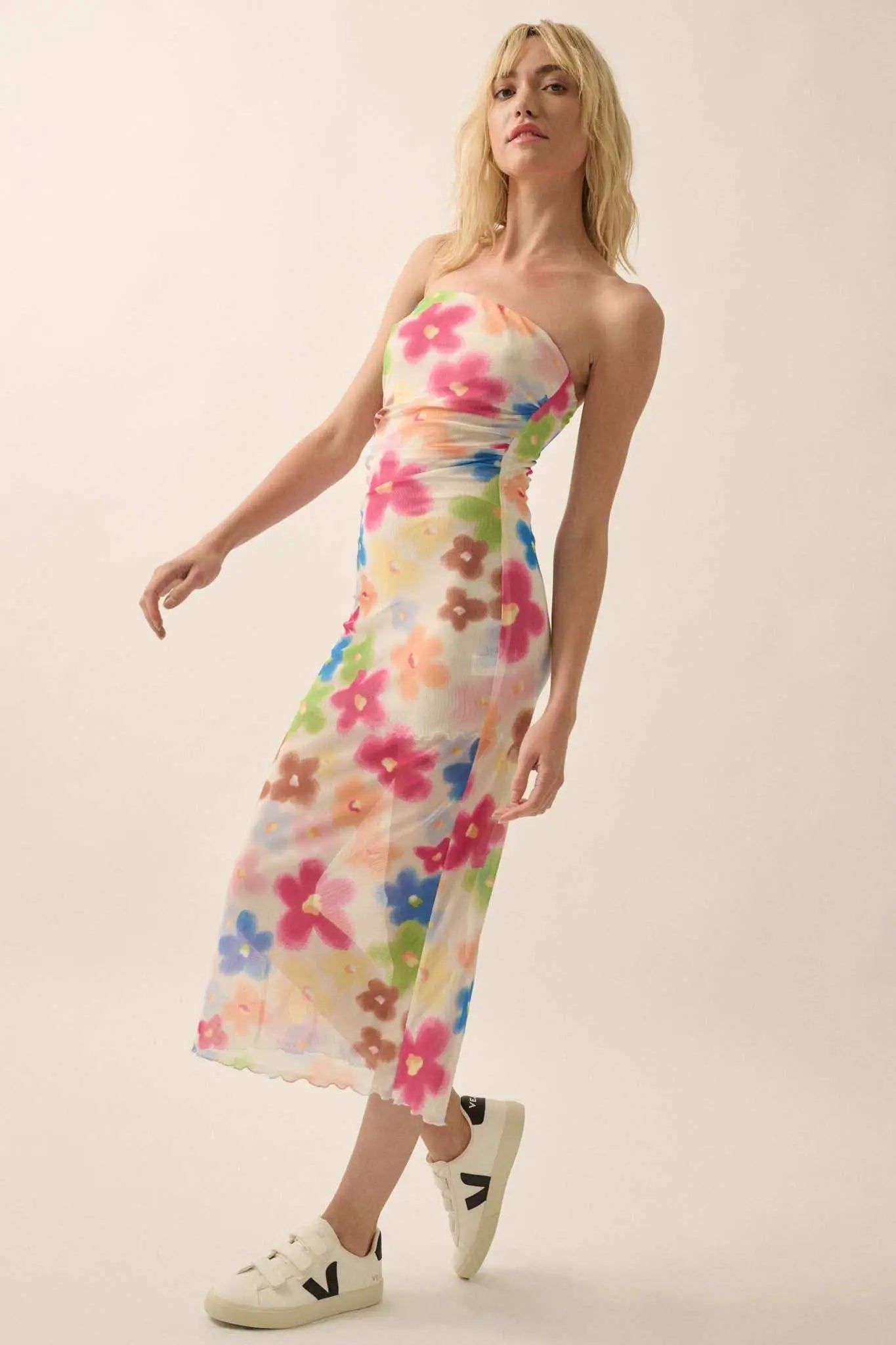 Flower Power Floral Mesh Strapless Midi Dress