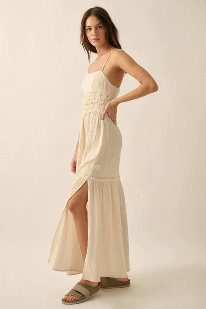 Laced Out Crochet-Trim Crinkle Cotton Maxi Dress