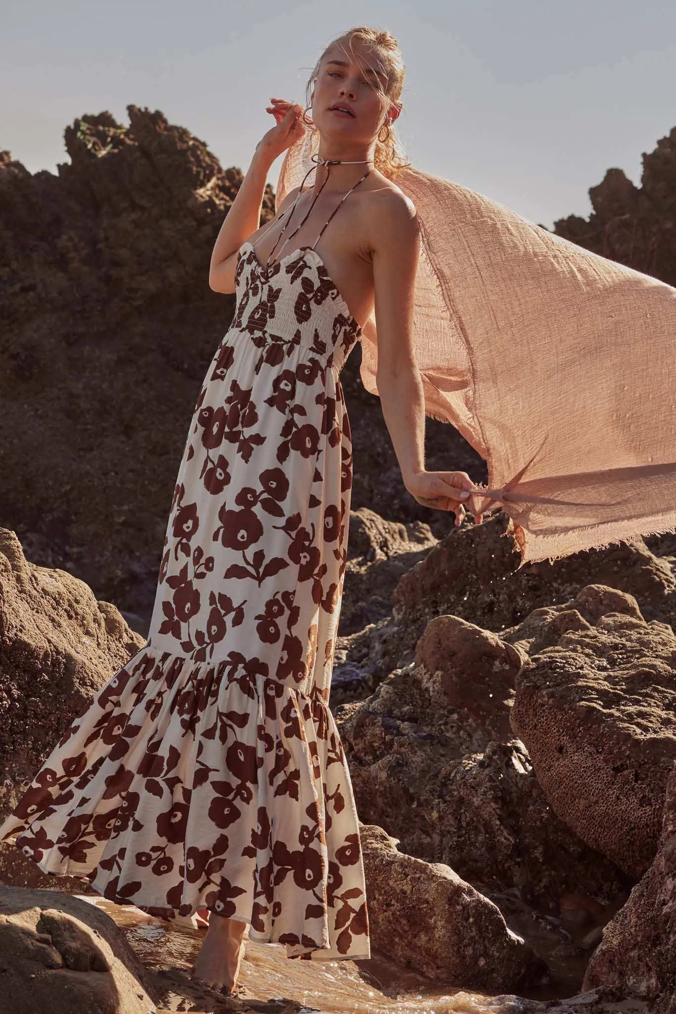 Poppy Prairie Smocked Floral Halter Maxi Dress