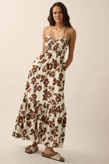 Poppy Prairie Smocked Floral Halter Maxi Dress