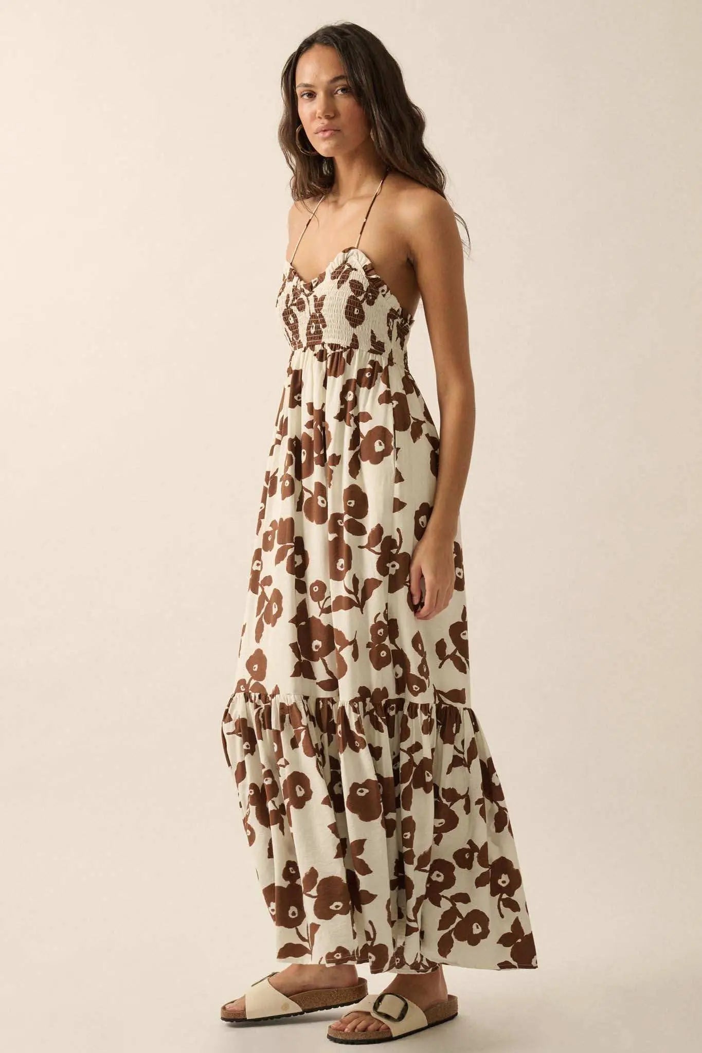 Poppy Prairie Smocked Floral Halter Maxi Dress