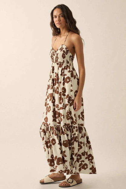 Poppy Prairie Smocked Floral Halter Maxi Dress