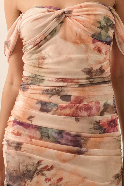 Blushing Blooms Floral Mesh Off-Shoulder Maxi Dress