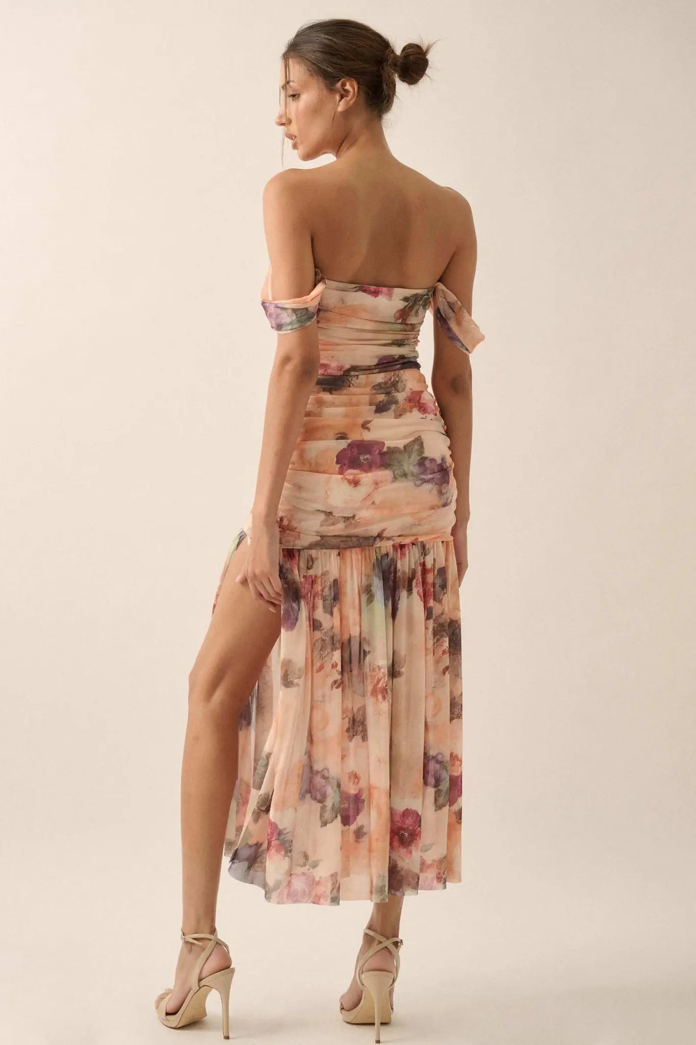 Blushing Blooms Floral Mesh Off-Shoulder Maxi Dress