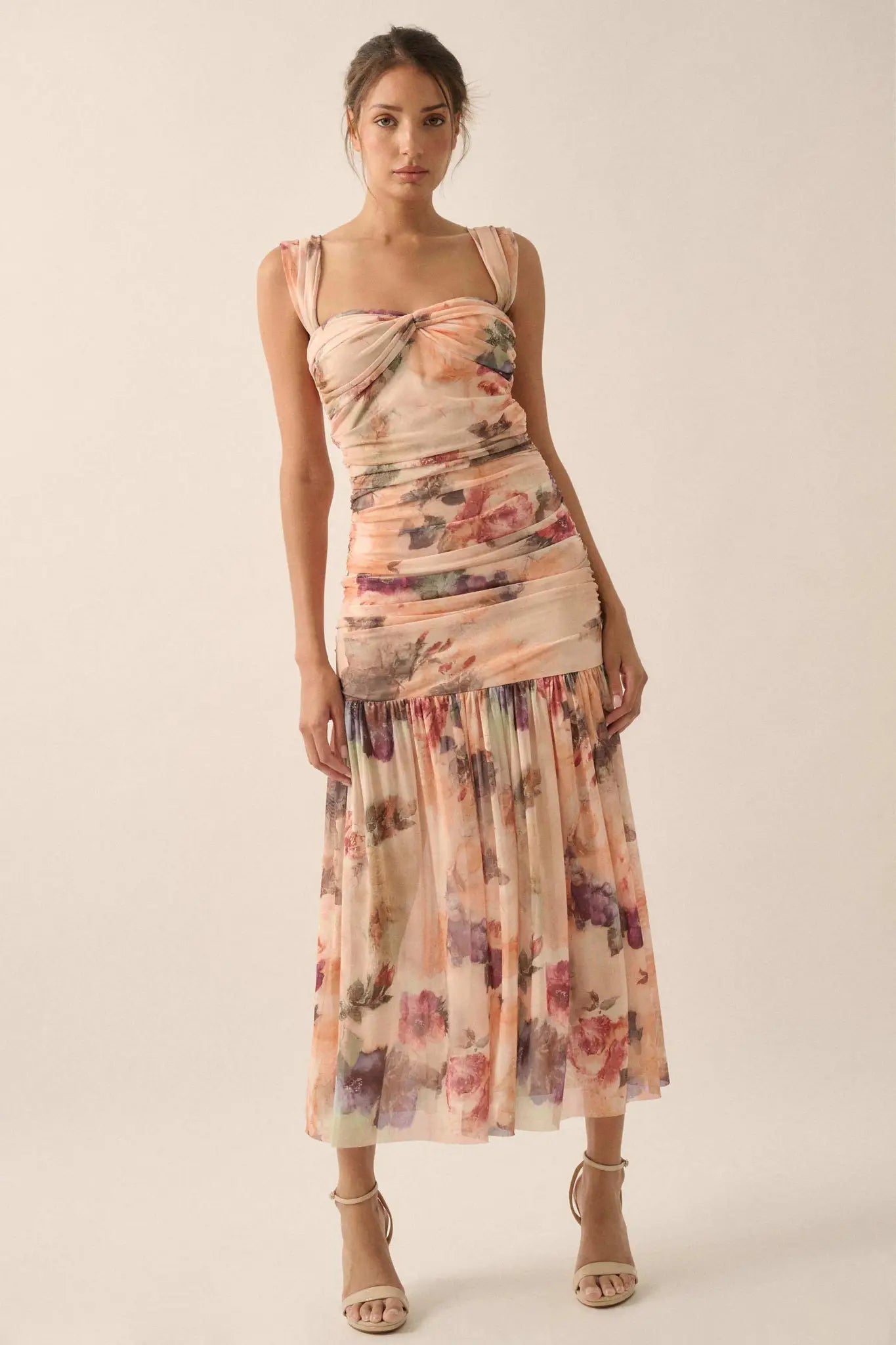 Blushing Blooms Floral Mesh Off-Shoulder Maxi Dress