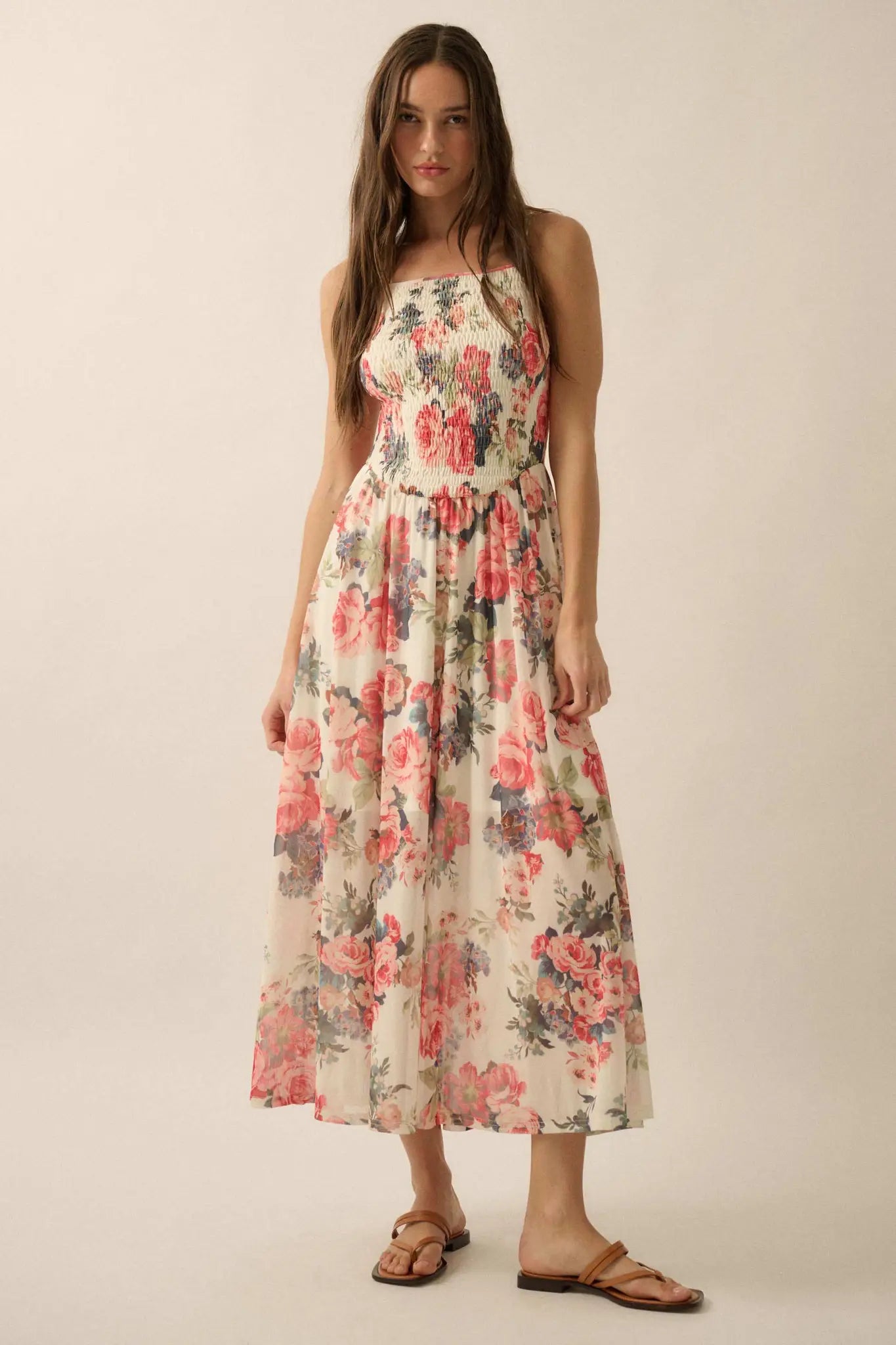 Blooming Valley Floral Mesh Smocked Maxi Dress