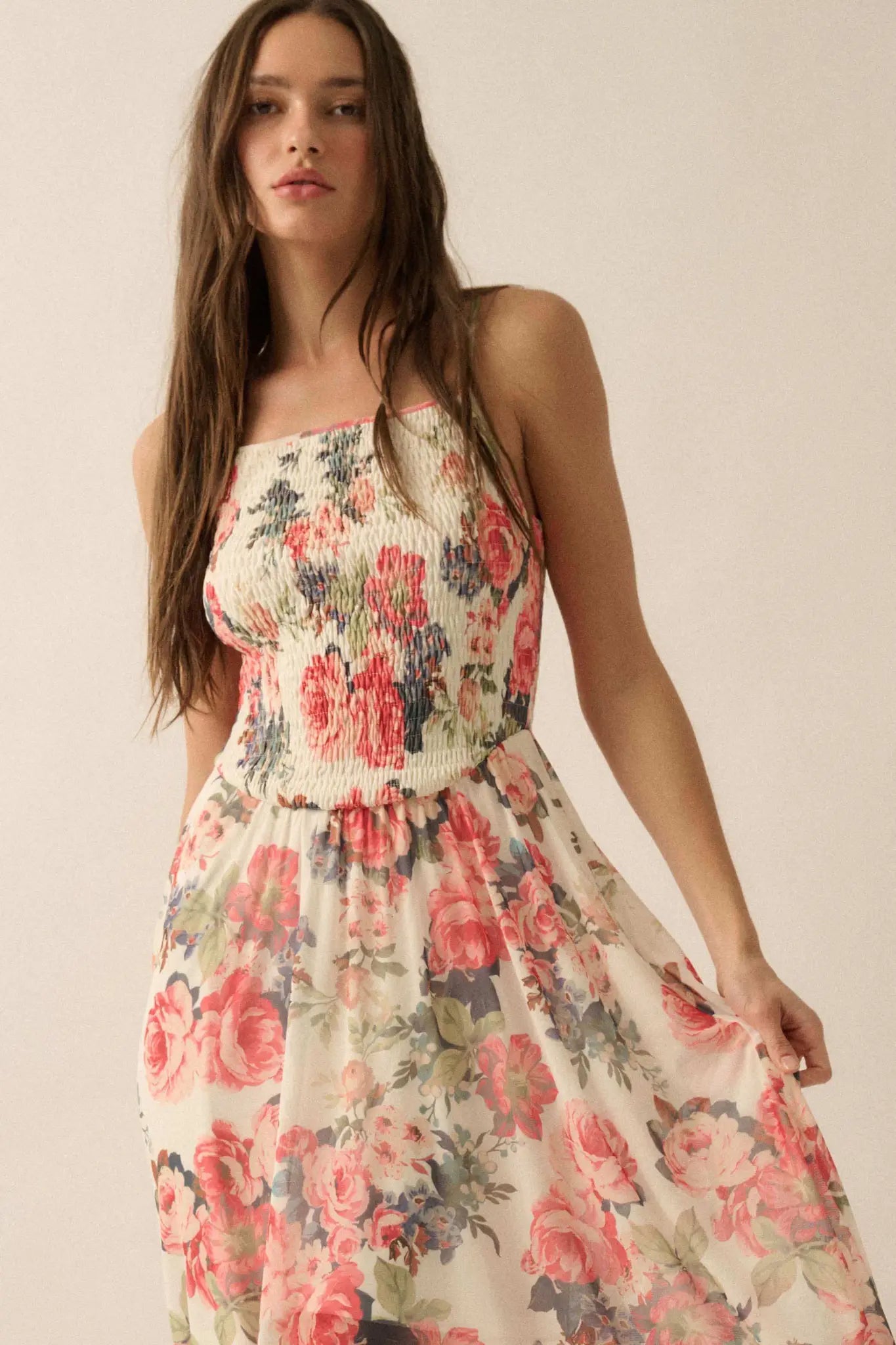 Blooming Valley Floral Mesh Smocked Maxi Dress