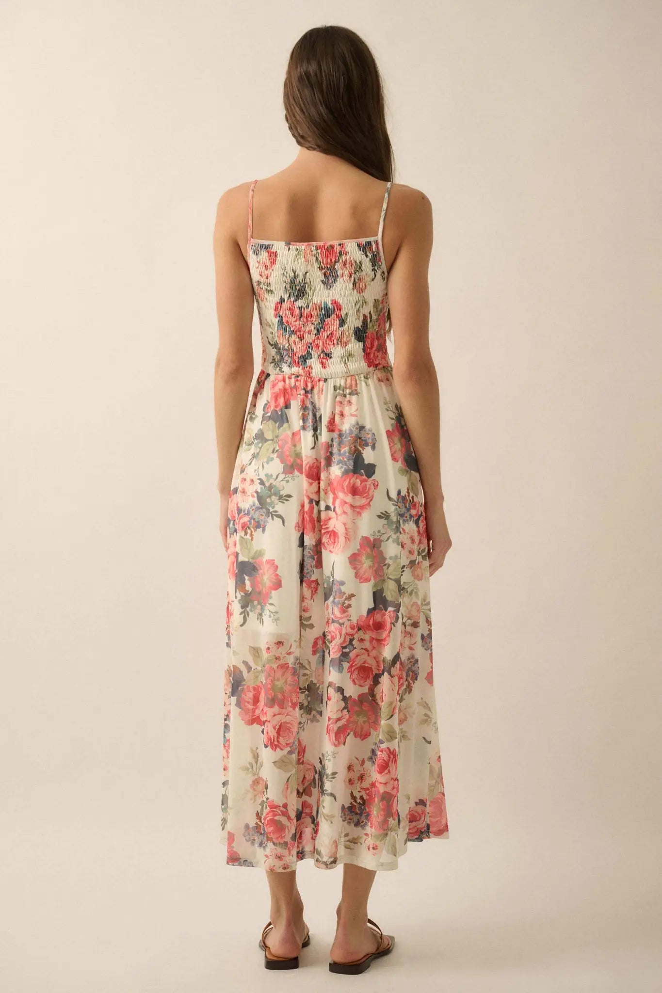 Blooming Valley Floral Mesh Smocked Maxi Dress