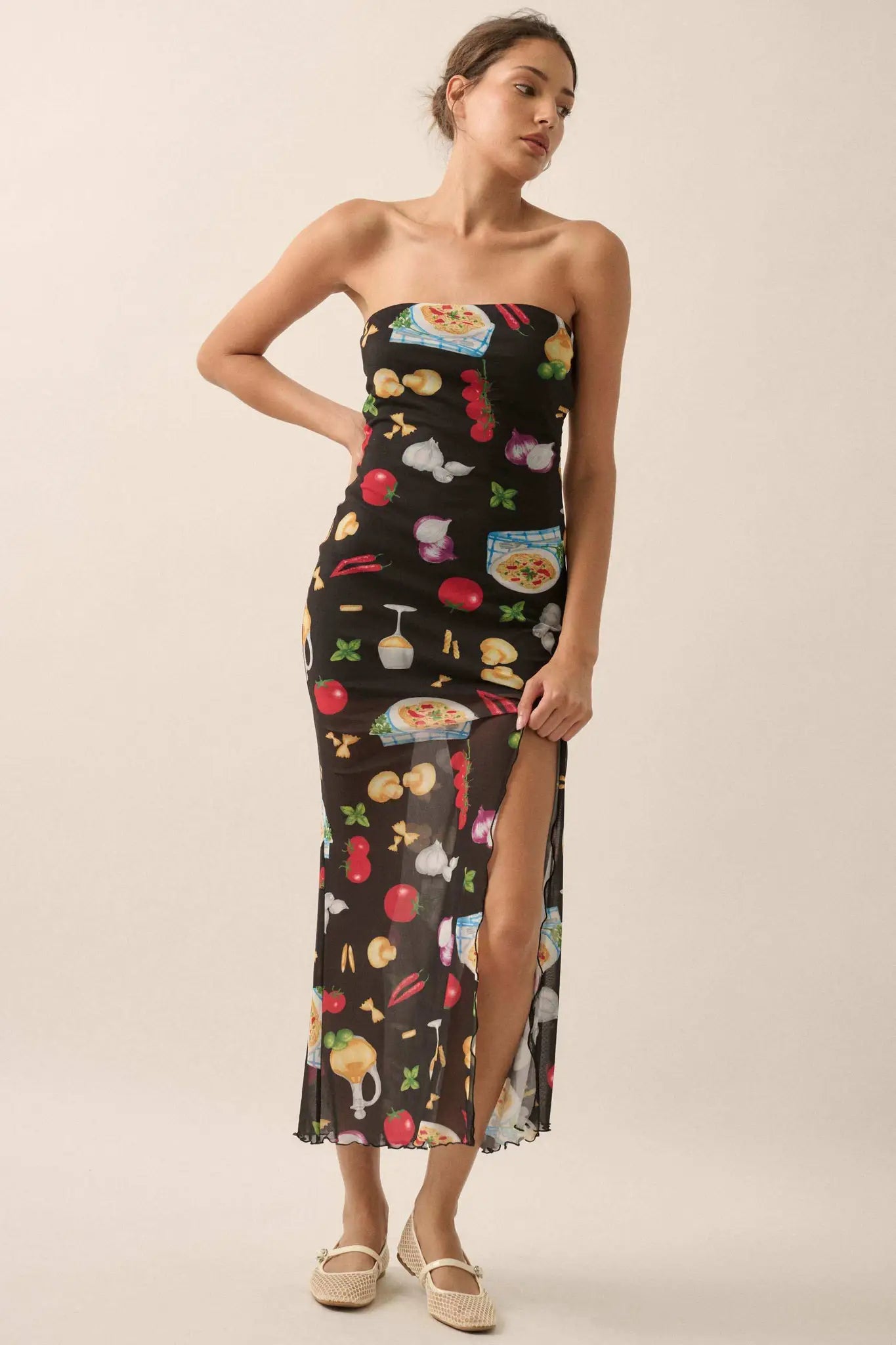 Mambo Italiano Printed Mesh Strapless Maxi Dress